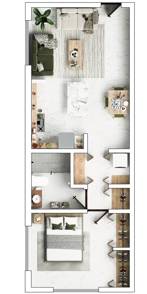 Floor plan for 1 bed, 1 bath, 653 sqft